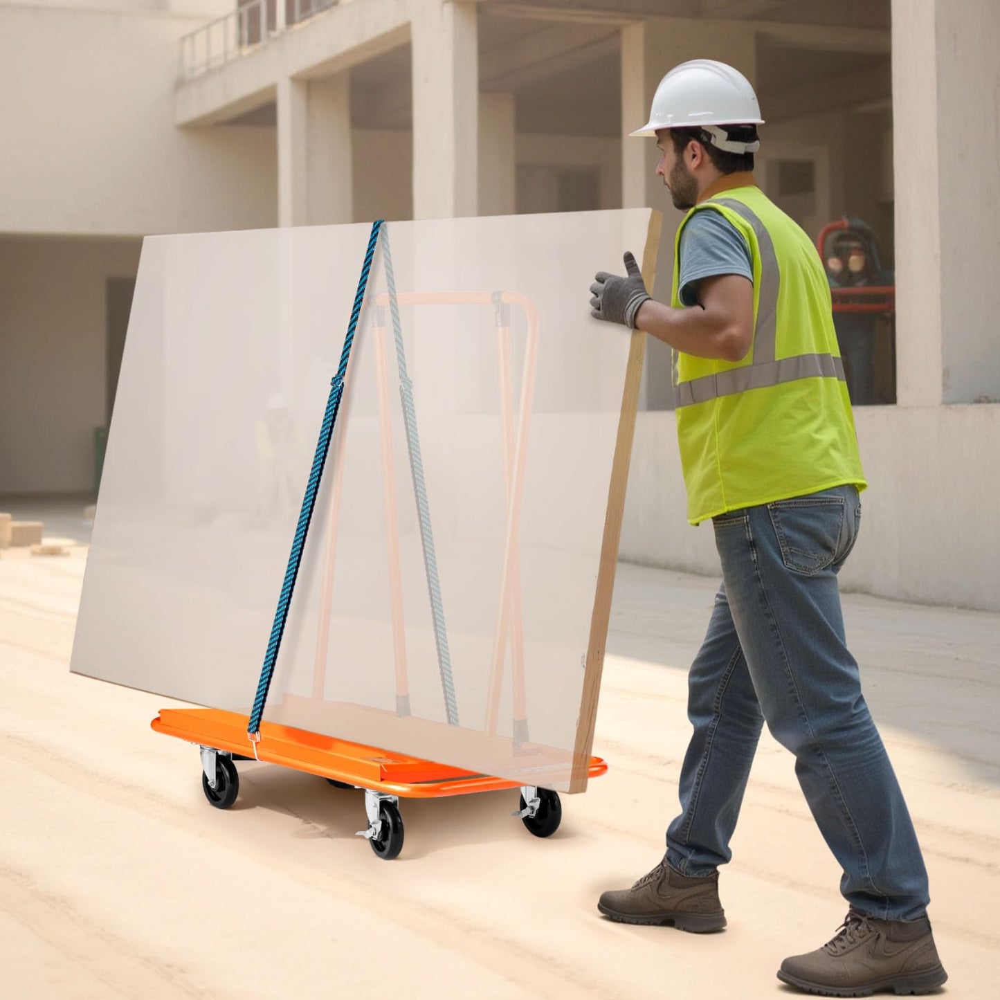 VEVOR Drywall Cart Dolly, Steel Panel Dolly with 4 Swivel Casters, Durable & Long-Lasting, Panel Truck Cart with Tie-Down Strap for Plywood, Plasterboard, Glass, Orange