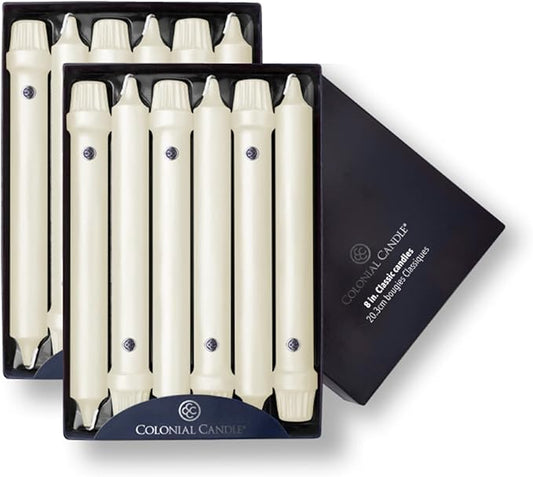 Colonial Candle Unscented Taper Candle, Classic Collection, Ivory, 8 In, Pack of 12 - Up to 6 Hours Burn