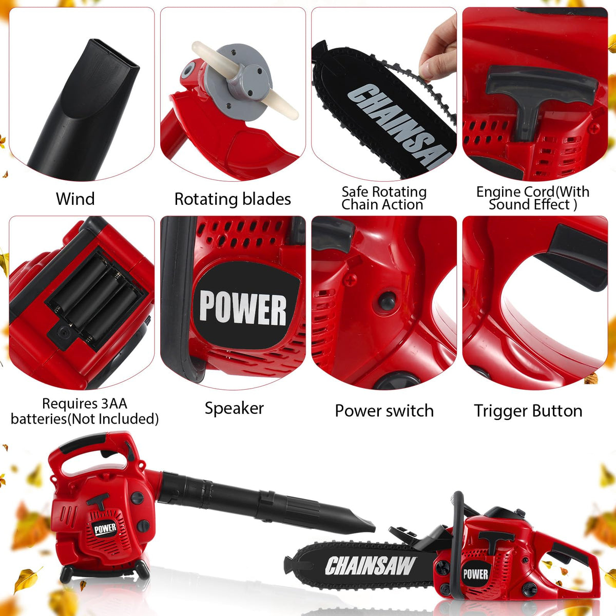 Arrowbash Toy Chainsaw & Kids Leaf Blower Set for Kids, Battery Powered with Sounds, 2 Pcs Gardening Toy Gift for Boys & Girls