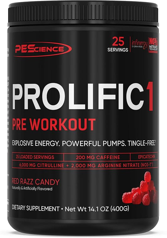 PEScience Prolific-1 Pre Workout Powder for Men & Women with L-Citrulline, Nitric Oxide Booster, Energy Powder & Nootropic for Focus ??Preworkout Without Beta Alanine ??25 Scoops, Red Razz Candy