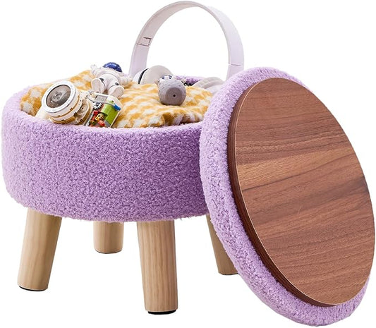 Wimarsbon Storage Ottoman, Modern Round Footrest with Soft Padded Seat, Teddy Velvet Footstool with Wood Legs, Accent Small Table or Plant Stand for Hallway, Living Room (Purple)