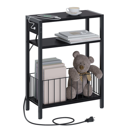 TRIFEBLE Narrow Side Table with Charging Station, Small End Table for Small Spaces, Slim Nightstand with Storage Basket, 3 Tier Skinny Bedside Table for Living Room, Bedroom, Black