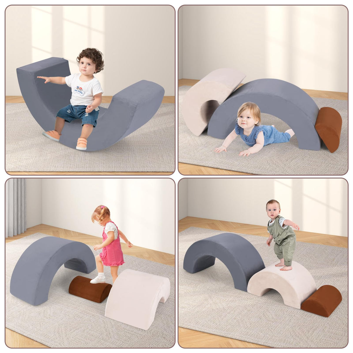 INFANS Climbing Toys for Toddlers, 3pc Foam Climbing Blocks Rainbow Shaped Indoor Play Set, Soft Equipment Modulars Rainbow Crawling Tunnel Playroom Couch for Children Playroom Baby (Grey)