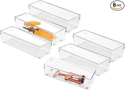 iDesign Plastic Drawer Organizer Bins, Set of 6, Clear | Storage for Kitchen, Storage for Bathroom, Storage for Desk Drawers