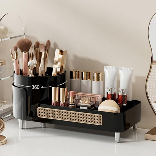 Booklov Rotating Makeup Caddy Organizer for Vanity, Large Capacity Cosmetic Display Case, Countertop Beauty Storage Holder for Skincare, Brush Eyeliner Lipstick, Counter Table Organization, Black