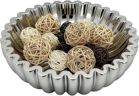 Large Modern Ruffle Bowls, Artificial Stone Decorative Catch All Bowl for Kitchen Counter and Entryway Table, Handcrafted Fruit Bowls and Key Bowl for Home Decor（Silver