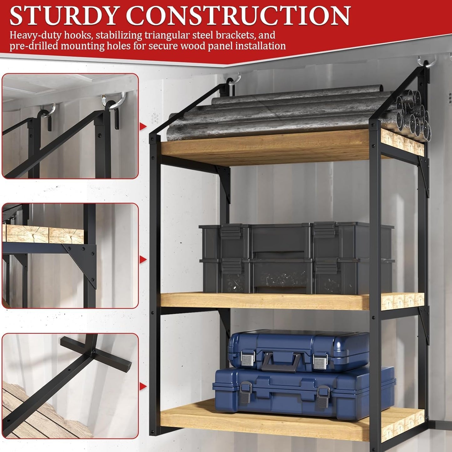 iyrany LKUHBT Heavy Duty Shipping Container Shelving Brackets – 4 Pack 3-Tier Steel Storage Rack System, 52" H x 22" W, Universal Container Accessories for Garage, Warehouse, Industrial Use