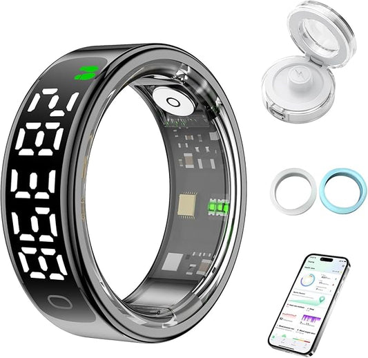 Smart Health Ring for Women Men, Smart Ring Fitness Tracker for iOS Android, Heart Rate, Blood Oxygen, Blood Pressure, Sleep Monitoring,5ATM Waterproof, No Subscription Fee (Black, 10#)