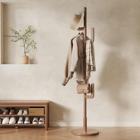 Muwuele Solid Wood Cactus Coat Rack, Freestanding Coat Rack With 6 L-Shaped Hooks and 3 Adjustable Sizes, Coat Tree for Bedroom, Entryway, Livingroom, Coat Hanger Stand for Coats, Handbags (Walnut)