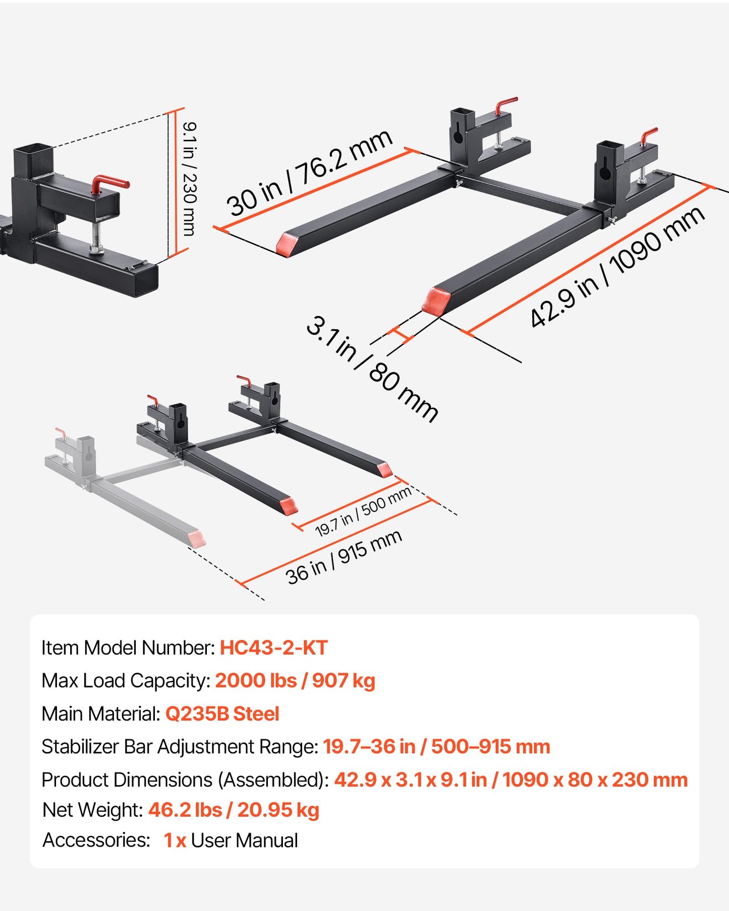 VEVOR Pallet Forks, 2000 lbs Clamp on Pallet Forks, 43-Inch Total Length Heavy-Duty Tractor Fork with Adjustable Stabilizer Bar for Tractor Attachments, Loader Bucket, and Skid Steer, Black
