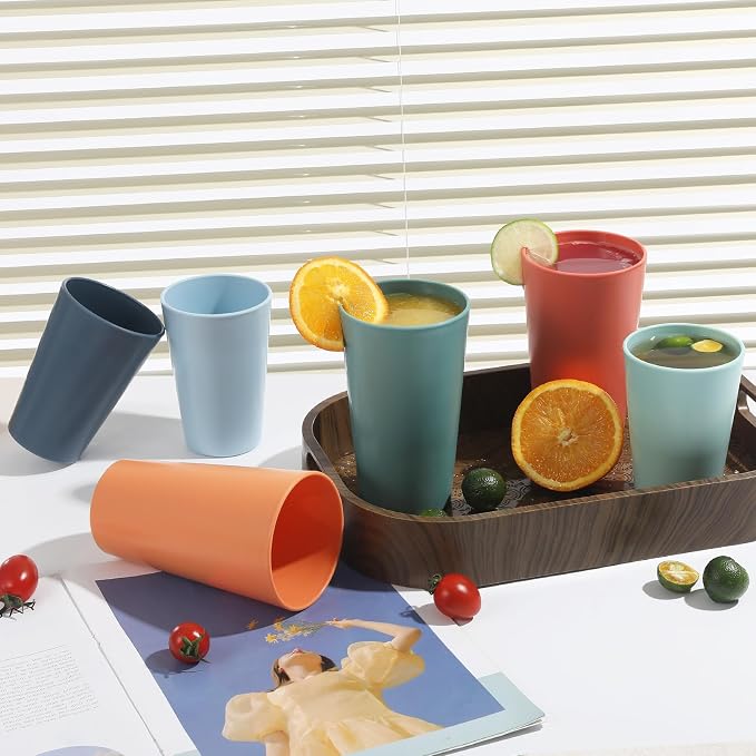 HEYCOME 24 Pcs Unbreakable Plastic Cups Set, 12 Pcs 14 oz and 12 Pcs 20 oz Reusable Plastic Cups, Stackable Water Tumblers, Drinking Cup for Kitchen, BPA-free, Dishwasher and Microwave Safe, 6 Colors