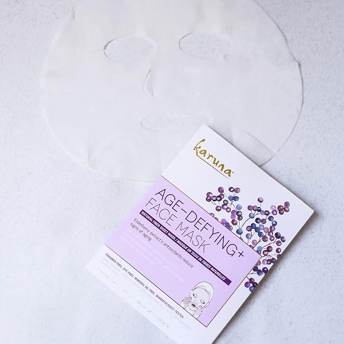 Karuna Age-defying+ Face Mask Sheet, Skincare and Beauty Facial Masks with Moisturizing and Collagen Promotion Properties for Soothing Wrinkles and Healthy Glow, Revitalize Dry, Mature Skin (1 Sheet)