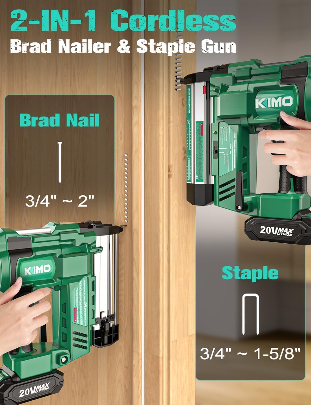 KIMO 2" Brad Nailer Cordless 18 Gauge w/ 20V Battery 2.0Ah X 2, 1000pcs Nails and Staples,180 Nails/min, 2 Firing Modes, Adjustable Nailing Depth, 2 in 1 Cordless Nail Gun and Stapler for DIY Project