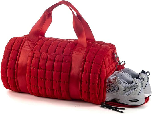 Quilted Duffel Gym Bag for Men and Women Carry On Travel Sport Weekender Bag, Red