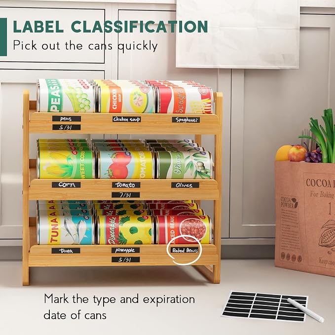 Yumkfoi Bamboo Can Organizer for Pantry, 3 Tier Stackable Can Storage Organizer Pantry with Label Sticker and Marker Pen, Can Holders for Cabinet and Can Rack Organizer (Natural Bamboo)