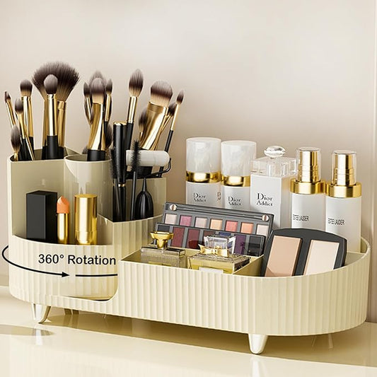 Rotating Makeup Organizer for Vanity with Brush Holder, Cosmetic Makeup Storage Organizer, Large Spinning Makeup Skincare Organizer, Countertop Makeup Perfume Organizer, Lotions Display Case Ivory