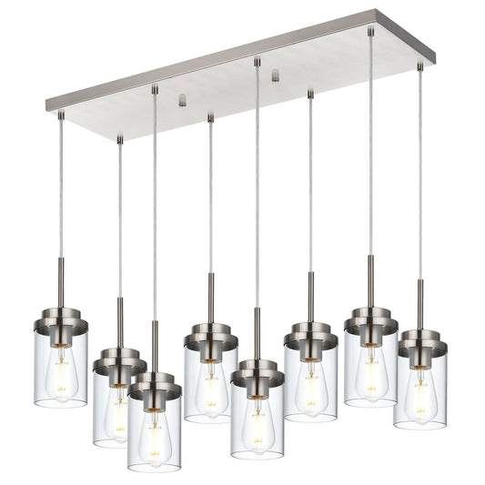 BONLICHT 8 Light Farmhouse Chandelier for Dining Room, Modern Industrial Foyer Linear Pendant Light Traditional Brushed Nickel Kitchen Island Lighting Fixture Hanging Ceiling Lights with Clear Glass
