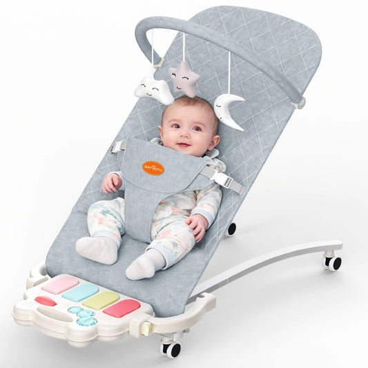 Gryvoth Portable Baby Bouncer Seat 0-18 Months,Detachable Piano & Hanging Toys,3-Level Recline (Rock/Fix),Foldable with Quiet Wheels,Baby Shower