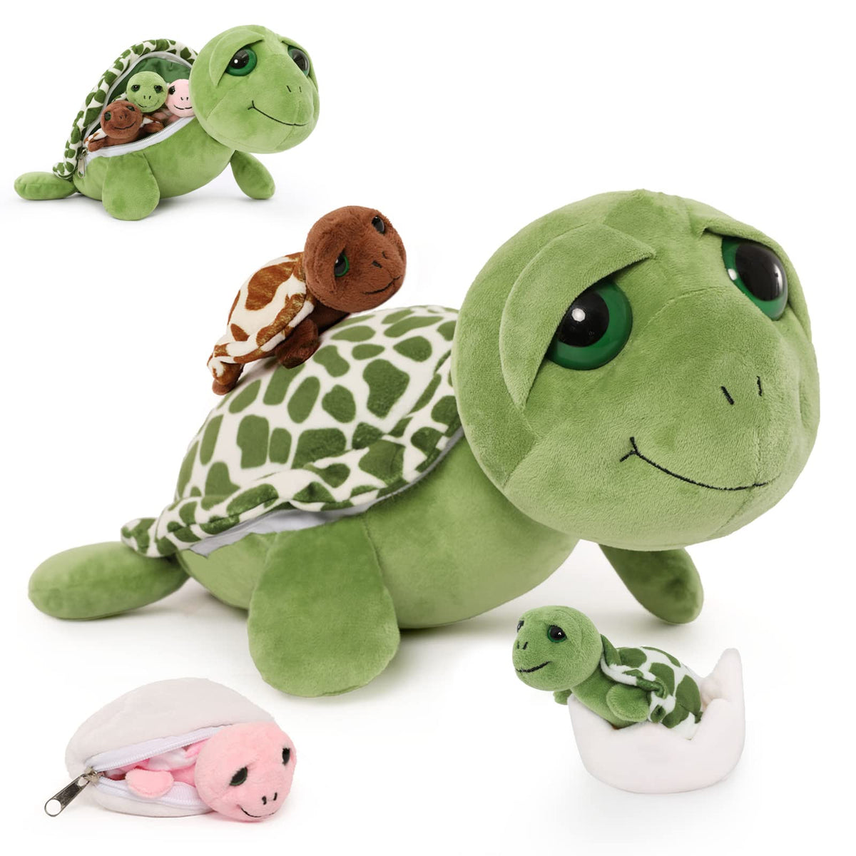 Karister 6Pcs Sound Turtle Plush Toy, 14" Talking Mother Turtle Stuffed Animal with 3 Baby Tortoise & 2 Eggs, Stuffed Educational Sea Creature for Kids, Ocean Plushies Gift for Birthday Christmas
