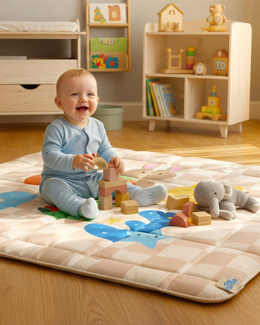Baby Play Mat, Foldable Play Mats for Floor, 50x50 Inches Crawling Mat for Playpen with Anti-Slip Bottom, Machine Washable, Thicken Padding Foam Playmats for Babies and Toddlers (Sand Checks)