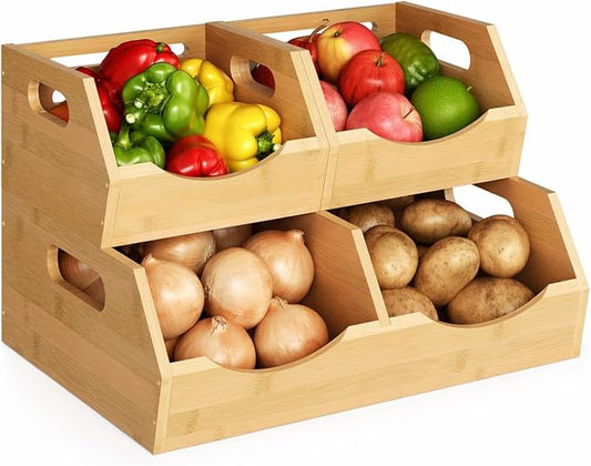 Potato and Onion Storage Bin, 2 Tier Bamboo Kitchen Storage Rack, Stackable Ventilated Pantry Organizer with Handles for Garlic Peppers Vegetables, Countertop Produce Bins, Natural Brown