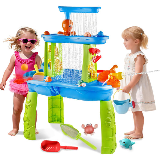 YAZ&OUZ Water Table for Toddlers 1-3, 3-Tier Kids Water Table, Water Tables for Toddlers 3-5 Features Swimming Dolphins & Crabs, Rain Showers Splash Pond, Activity Sensory Play Table for Girls Boys
