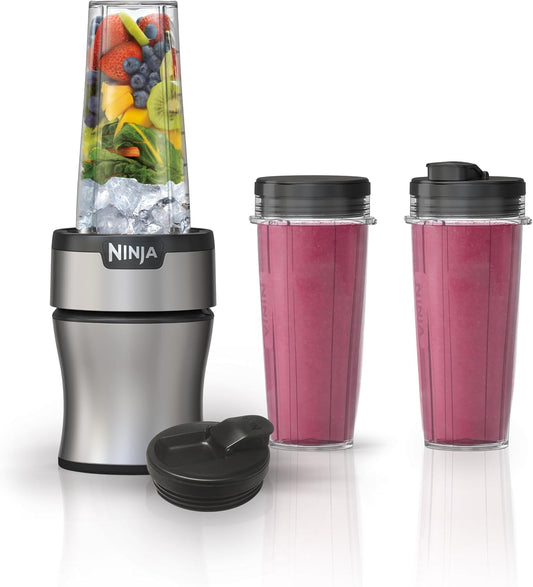 Ninja Nutri-Plus Personal Blender - Compact Push-To-Blend for Smoothies & Frozen Drinks | 900W | Silver | Includes 3 To-Go Cups & Lids
