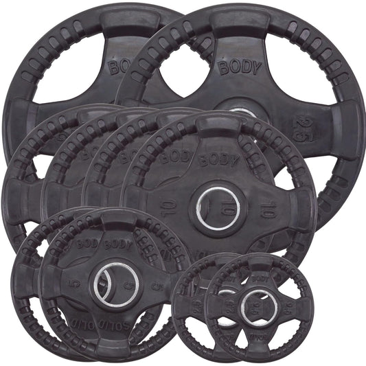 Body-Solid Quad Grip Design Rubber Plate - Olympic Weight Plates, Set with Rubber Coating, Dumbbell & Bumper Weights for Barbell (105 lbs.)