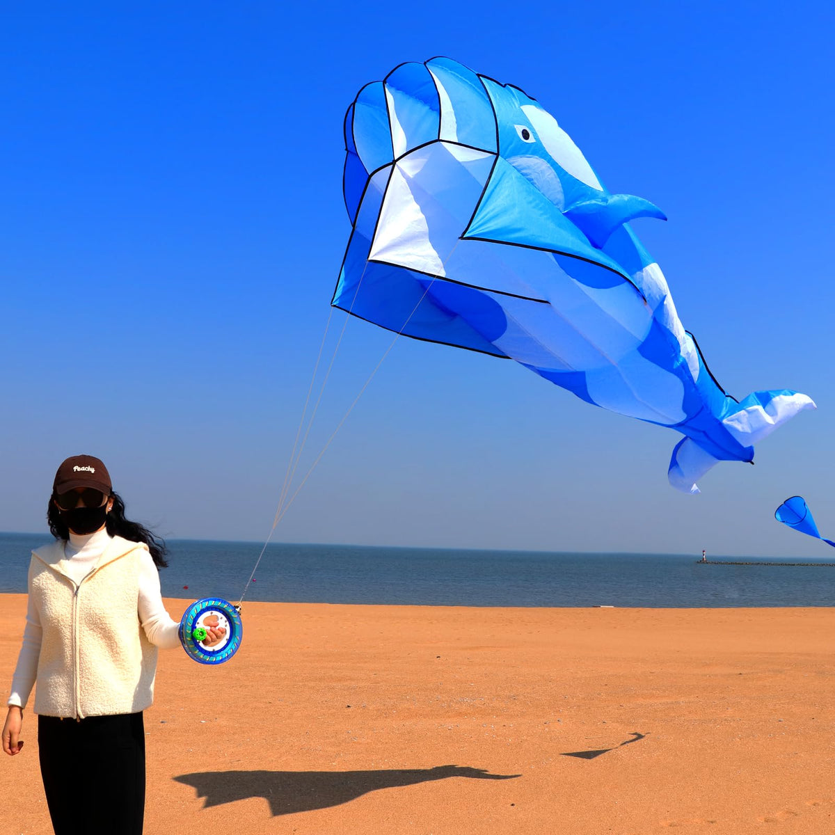 TianYueFly Blue 83" Huge 3D Orcas Kites for Adults & Kids with 8-inch Dia Kite Reel and Tail, Frameless Soft Whale, Giant Single-line Beach Kite for Adults and Teenagers