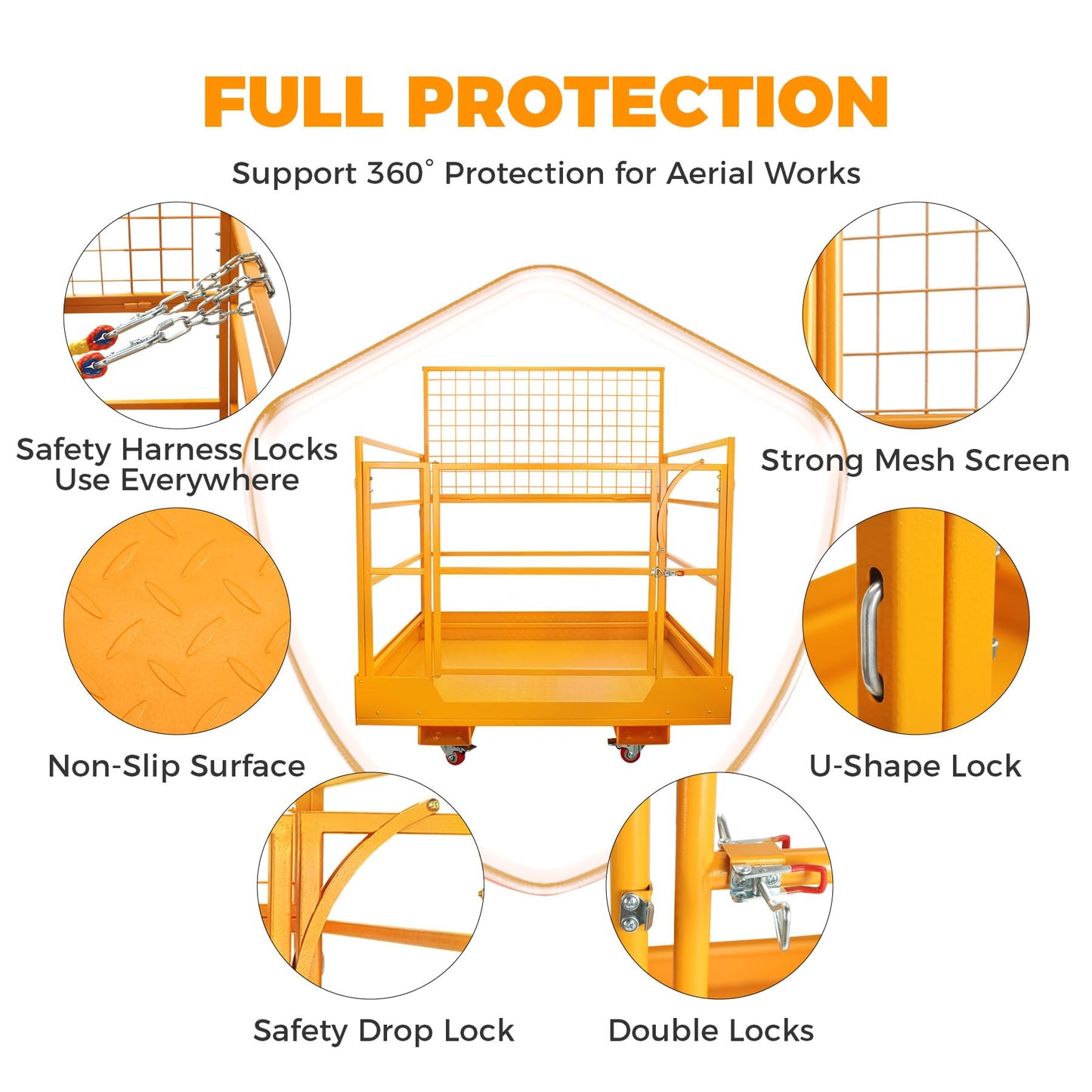45x43 Inch Forklift Safety Cage 1400 lbs Capacity, Aerial Lift Basket, Collapsible Design, 4 Wheels