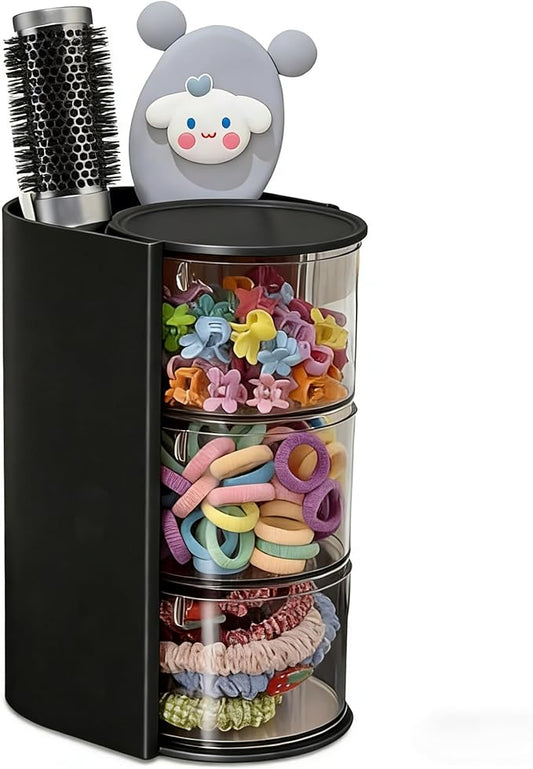 Azurphoric Hair Accessories Organizer with Hair Brush Holder, Rotatable Makeup Brush Holder for Necklaces, Earring, Bracelet, Ring, Makeup Brushes, Hair Clip and Hair Accessories (Black, 3-Layer)