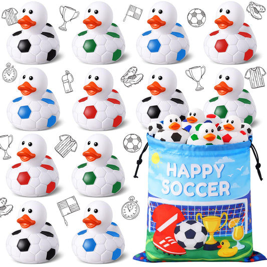 24 Pcs Soccer Theme Rubber Ducks with a Bag, Soccer Ball Ducks Toys, Soccer Fun Party Favors, Goodie Bag Fillers for Sports Fans Team Gifts, Classroom Game Prizes, Water Pool Toys for Toddler Kids