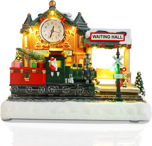 VCUTEKA Animated Christmas Village Train Station - Lighted Musical Santa Display for Holiday Décor