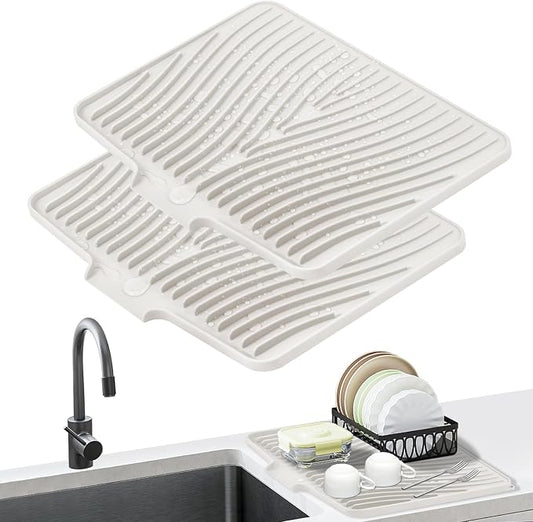 TIKNIK Silicone Dish Drying Mat for Kitchen Counter - Heat Resistant & Non-Slip Dish Drain Pad with Built-In Drain, Dishwasher Safe, Quick-Dry, Hangable & Roll-Up for Storage, Cream-2pcs, 16" x 12"