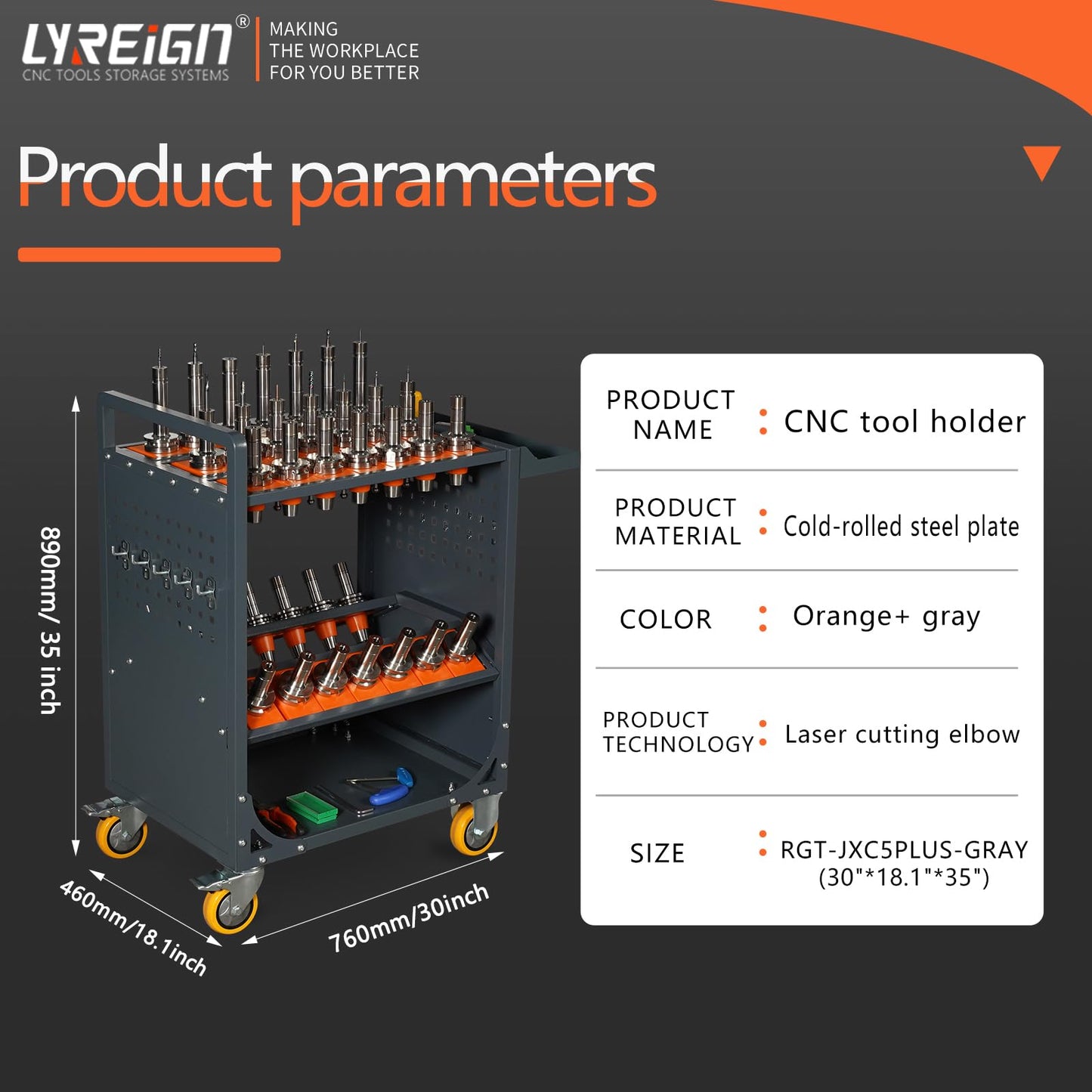 LYREIGN Grey Classic 40 Taper CNC Tool Holder Transfer Cart, 35 Capacity CAT/BT40 Service Carts with Wheels Heavy Duty, Multi-Function Workshop CNC Tool Trolley