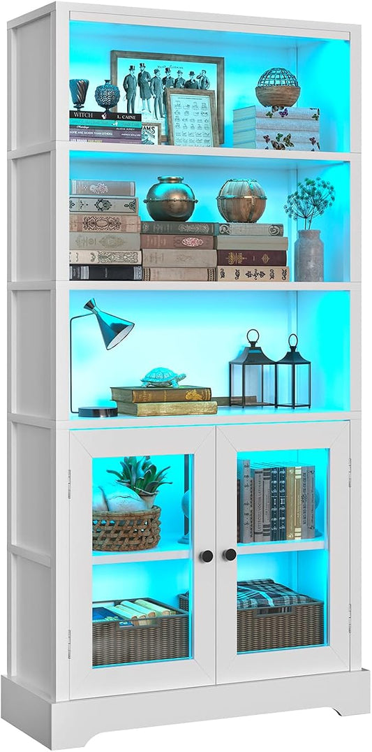 TVU 5-Tier Bookshelf, 65" Bookshelf with Multi-Color Ambient Lights (APP Remote Control), Tall Vertical Display Shelf with Cabinet Doors, Suitable for Living Room, Bedroom, Study, Office, White