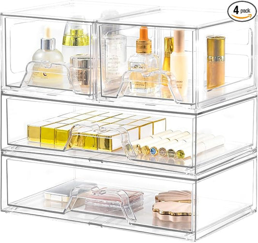 Stebopum 4 Pack Stackable Storage Drawers Clear Acrylic Organizer Bathroom Makeup Organizer and Storage for Beauty Supplies,Ideal for Vanity, Bathroom,Cabinet,Pantry Organization