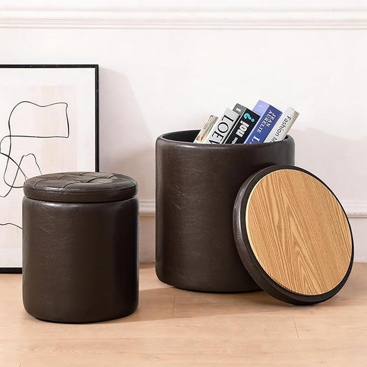 oakvivo Round Set of 2 14.76" L x 14.76" W x 17.32" H Faux Leather Ottoman with Storage, Small Foot Rest Storage Ottomen with Lid Living Room, Bedroom Vanity Stool Chair, Coffee