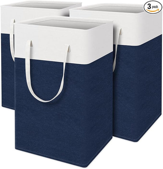 TasticTotes laundry basket 3-Pack, laundry hamper, Hamper with handles, collapsible laundry baskets, Waterproof dirty clothes hamper, Towel Storage for Home or Dorm, 75L-Blue