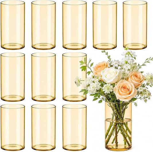 TBWIND 12pcs Gold Amber Glass Cylinder Vases for Centerpieces, 6 Inch Bulk Flower Vases for Wedding Decorations, Hurricane Candle Holder for Floating Candles and Table Home Decor
