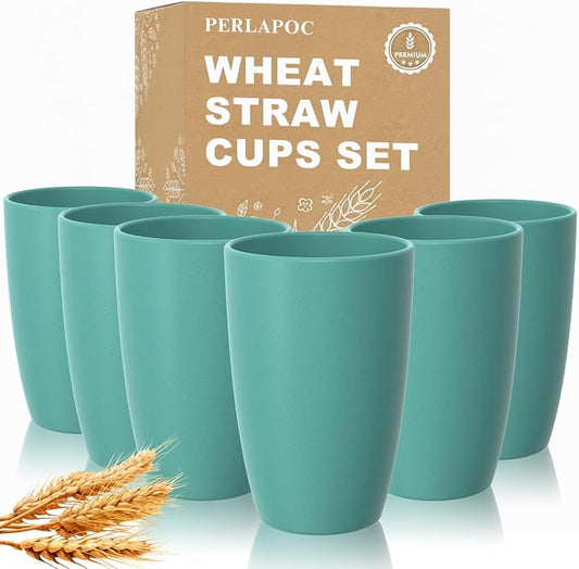 20 OZ Large Wheat Straw Cups Set of 6, Unbreakable Reusable Plastic Cup Alternative, Dishwasher Safe Drinking Cups & Tumblers for Kitchen, Outdoor, Green