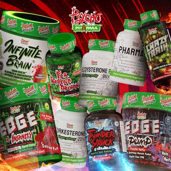 Psycho Pharma Strongest High Stim Preworkout Powder - Edge of Insanity - Most Intense Pre Workout Supplement for Pumps, Strength, Energy and Feel Good Focus. Rivals Famous PWOs of The Past