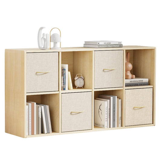 8 Cube Storage Organizer - Solid Wood Bookshelf with 4 Storage Bins, Cube Shelf with 2 Removable Back Panels, Vertical or Horizontal Bookcase, Open Book Shelf for Bedroom, Living Room, Office