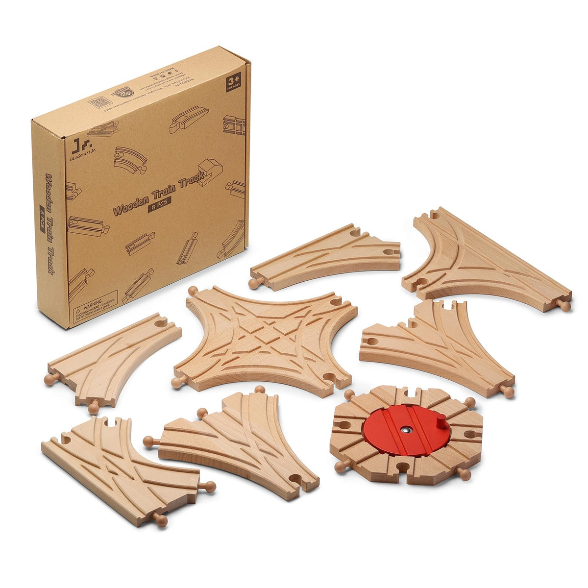 SainSmart Jr. Wooden Train Track 8pcs, Track Expansion Compatible with All Major Brands Toddler Railway Toy Train Set Boys Train Set 3+