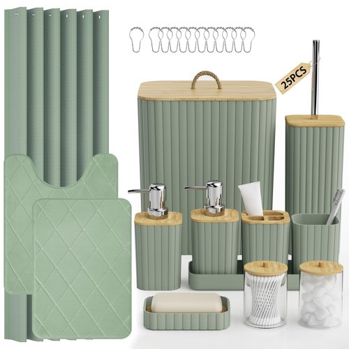 InnJoey Bathroom Accessory Set - 25PC Bathroom Sets with Shower Curtain and Rugs, Sage Green Bathroom Set, Bathroom Accessories Set, Shower Curtain Sets with Rugs, Bathroom Trash Can & Soap Dispenser