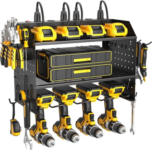 ZESEN Power Tool Organizer - 3-Layer Wall Mount Charging Station with 6 Outlets & Drill Holders - Black