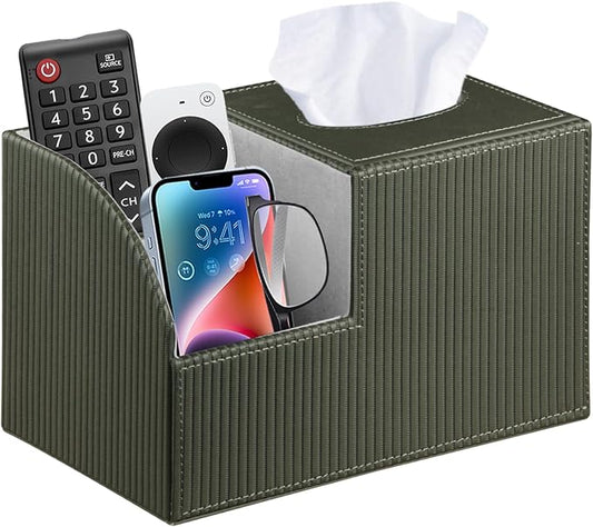 PU Leather Square Tissue Box Cover - Multi-Functional Tissue Box Holder, Tissue Box Cover with Storage,Tissue and Remote Control Holder, Cube Tissue Box Organizer Bedroom Nightstand End Table