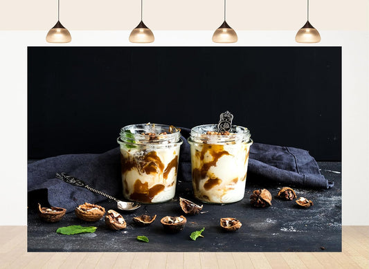 LidyMini 10x10ft Fabric Yogurt Parfaits with Caramel and Walnuts Backdrop Dark Moody Surface Mint Leaves Photography