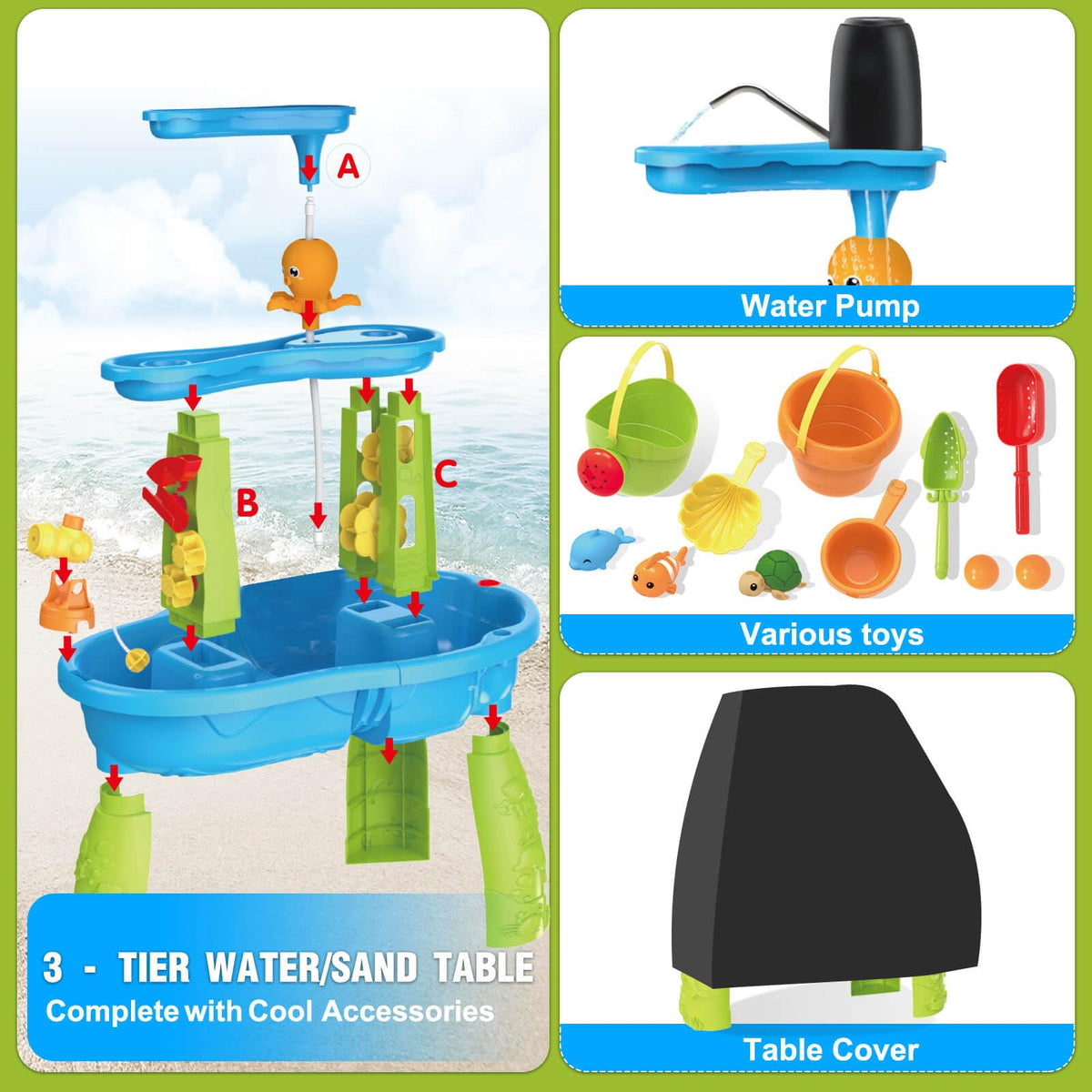Dolanus 3-Tier Water Table for Toddlers with Pump, Table Cover - Sand Activity Sensory Playset, Summer Outdoor Outside Pool Backyard Beach Toys for Kids Age 1 2 3 4 5 8 Year Old Boys Girls