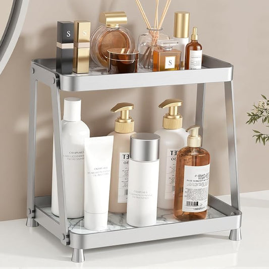 Bathroom Counter Organizer - 2-Tier Acrylic Makeup Organizer Countertop with Marble Tray, Perfume Organizer & Vanity Organizer, Bathroom Organizers and Storage for Skincare, Toiletries, Silver